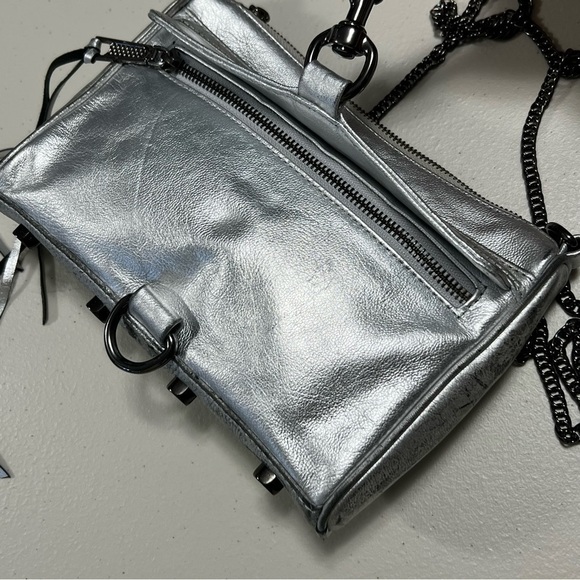 REBECCA Minkoff Mini Mac Metallic Silver Distressed Leather Chain Crossbody Bag - Picture 3 of 16